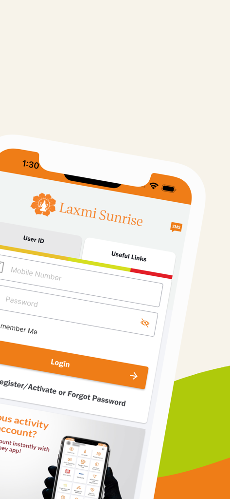 Laxmi Sunrise Mobile Money - Laxmi Sunrise Mobile Money app login screen with fields for mobile number and password