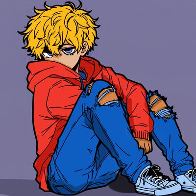a male hoddie ripped jeans messy hair anime