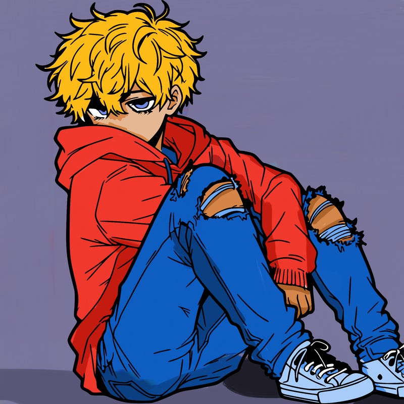 a male hoddie ripped jeans messy hair anime