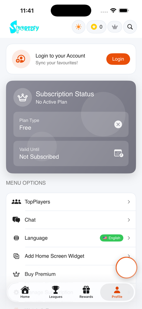 User profile interface of the Sportzfy app showing account login and subscription status.