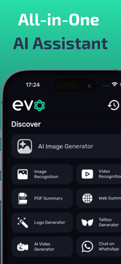 Tela de descoberta do aplicativo Evo apresentando ferramentas para geração de imagens por IA, análise de documentos e design de logos.