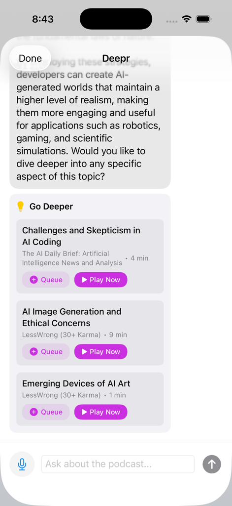 Deepr: Voice Podcasts - Deepr app interface with AI chat window suggesting related podcast episodes and voice search input.