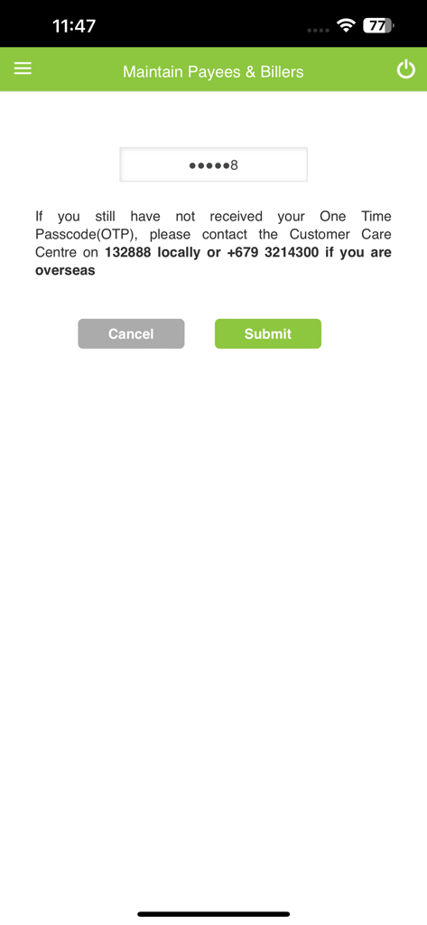 BSP Fiji Mobile Banking - OTP verification screen for maintaining payees and billers in the BSP Fiji Mobile Banking app