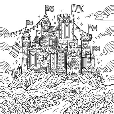 Embark on a creative journey with this stunning Misty Pride Castle coloring page, specially designed for teens. Explore a magical fortress adorned with symbols of love and diversity, ready for your artistic touch.