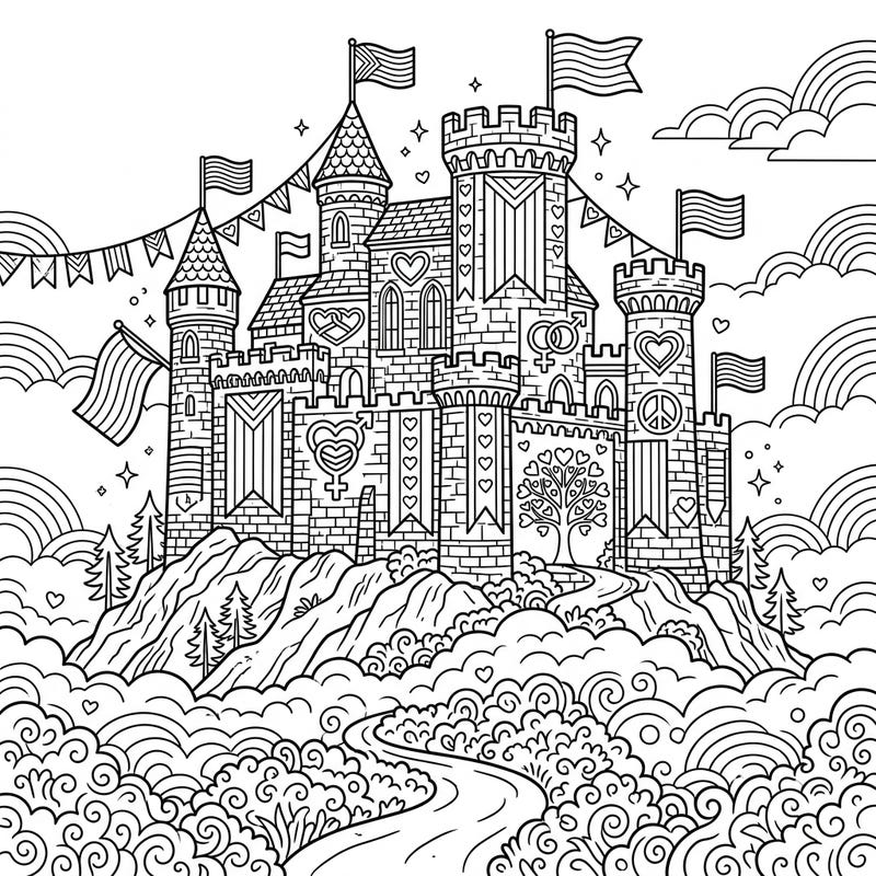 Embark on a creative journey with this stunning Misty Pride Castle coloring page, specially designed for teens. Explore a magical fortress adorned with symbols of love and diversity, ready for your artistic touch.