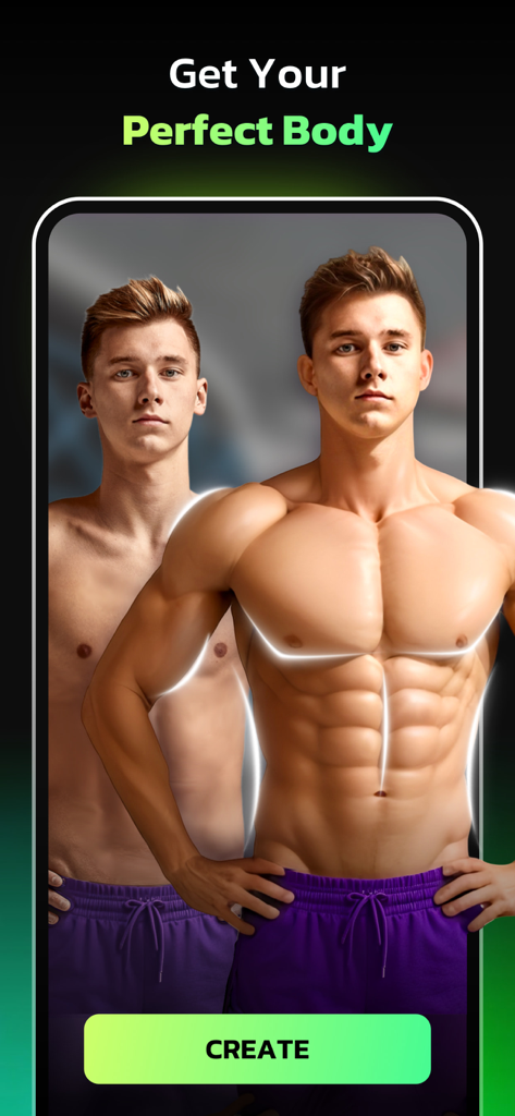 AI Photo Editor - AI Morph - AI Morph app screenshot demonstrating an AI body editor transformation to a muscular physique