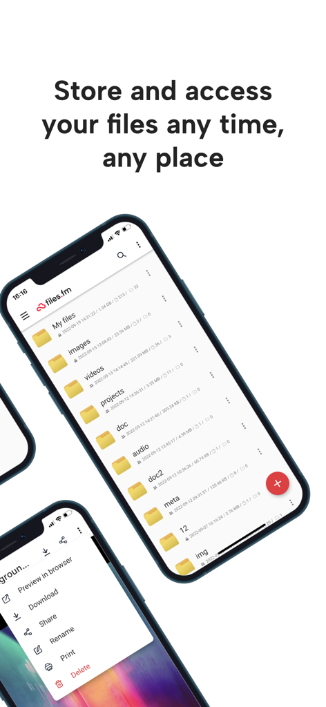 Files.fm Cloud storage - Smartphone screen showing Files.fm app interface with folders and file management options