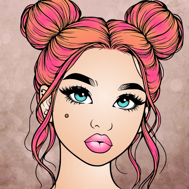 realistic girl with two buns on her hair and lips