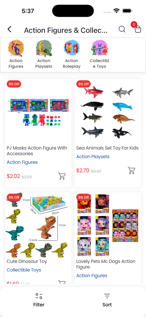 ToyMall 모바일 앱 인터페이스, 할인된 가격의 다양한 액션 피규어 및 수집용 장난감 표시