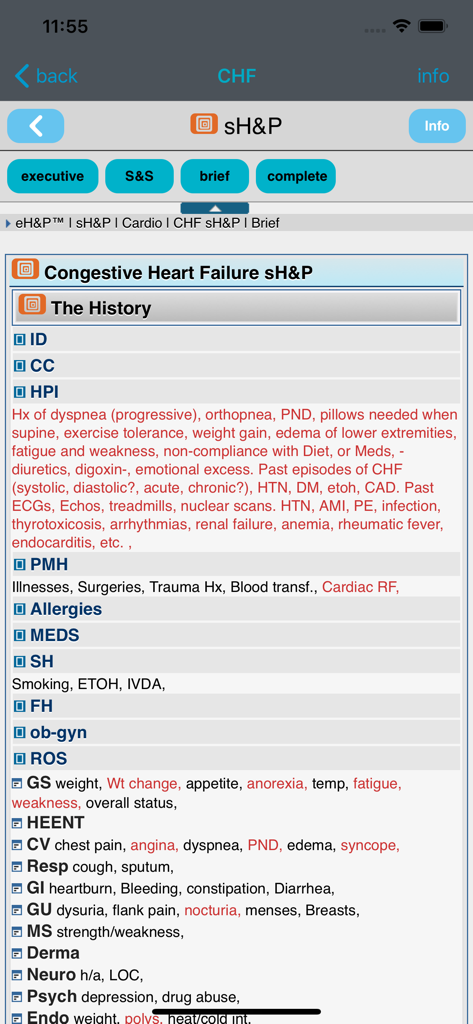 eH&P™ - eH&Pモバイルアプリ内のうっ血性心不全の臨床記録テンプレート、患者の病歴および系統的レビューのセクションを表示
