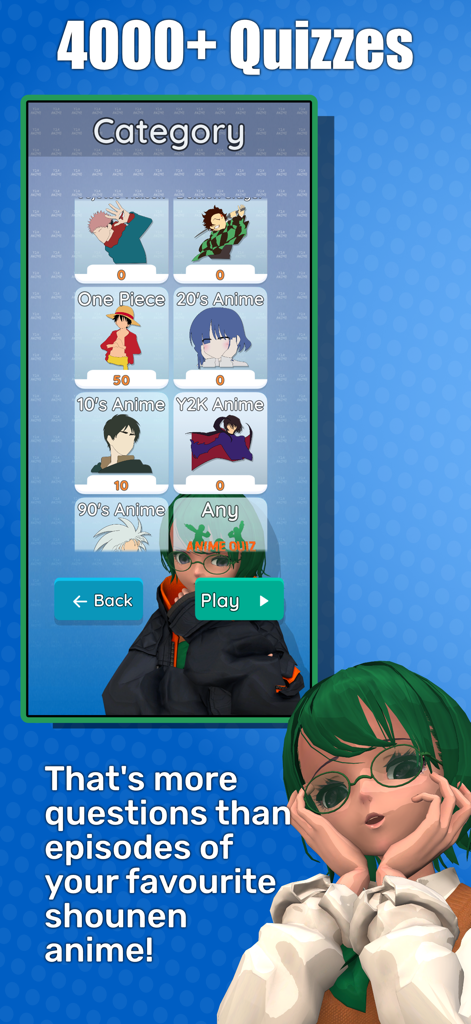 Anime Quiz Party - Category selection screen of the Anime Quiz Party app showing different anime eras and special show quizzes