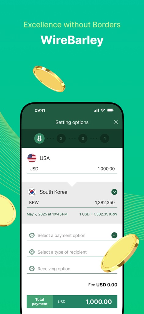 WireBarley - WireBarley app interface showing a zero fee money transfer from the USA to South Korea