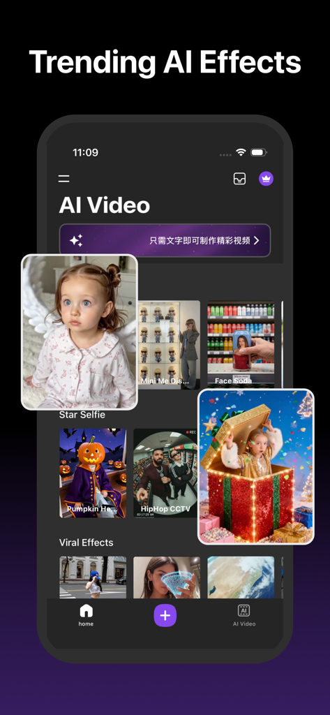Interface de l'application Créateur de Vidéo IA affichant une collection d'effets vidéo IA viraux tendances