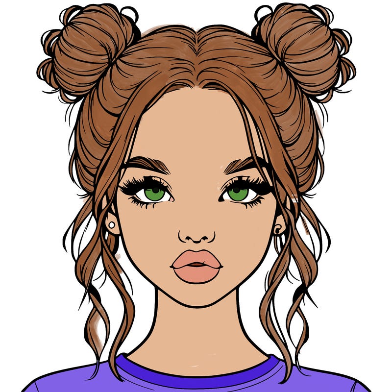 realistic girl with two buns in hair and lips