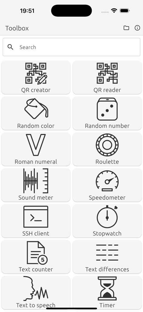 Toolbox (By Koizeay) - Toolbox app interface showing a grid of utility tools including QR reader and SSH client