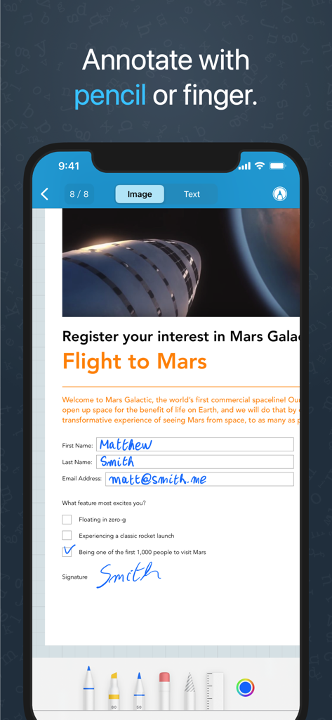 Prizmo Scan › Document Scanner - iPhone interface of Prizmo Scan showing a user filling out and signing a digital form using annotation tools.