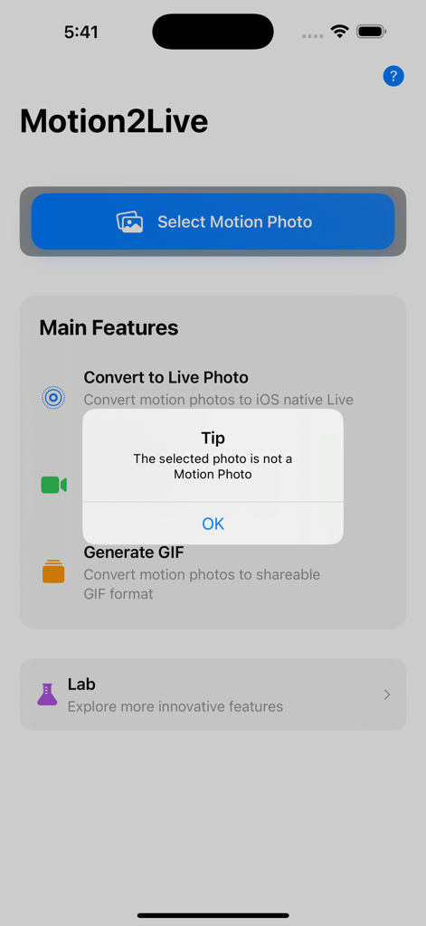 Interface of the Motion2Live app showing a tip message explaining that a selected photo is not a motion photo