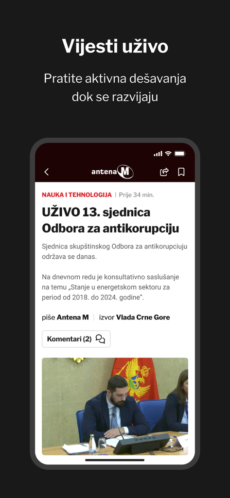 AntenaM app displaying live news about a government committee session in Montenegro.
