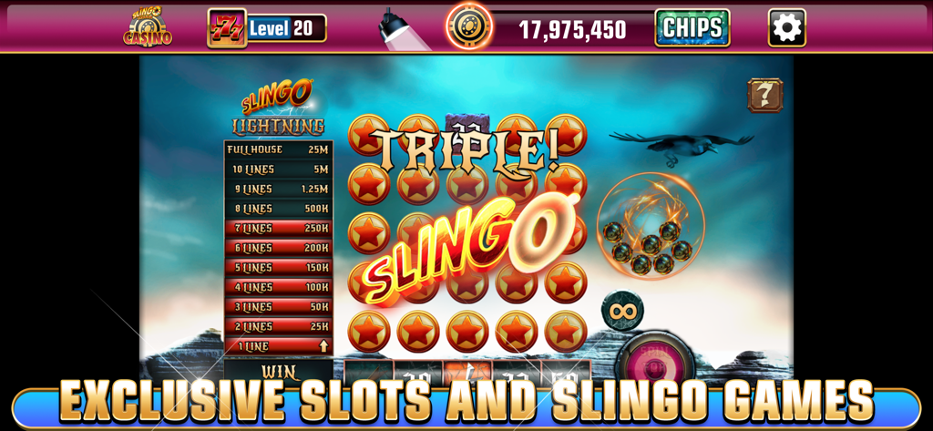 A gameplay screen from Slingo Casino showing a Triple Slingo win in the Lightning game mode with a stormy sky background.