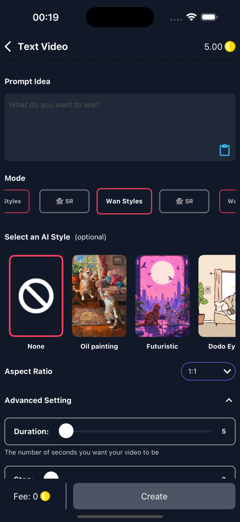AI Artistic: Wan Video - Uma tela do aplicativo AI Artistic Wan Video mostrando recursos de geração de texto para vídeo, incluindo entrada de prompt, seleção de estilo e configurações de duração.