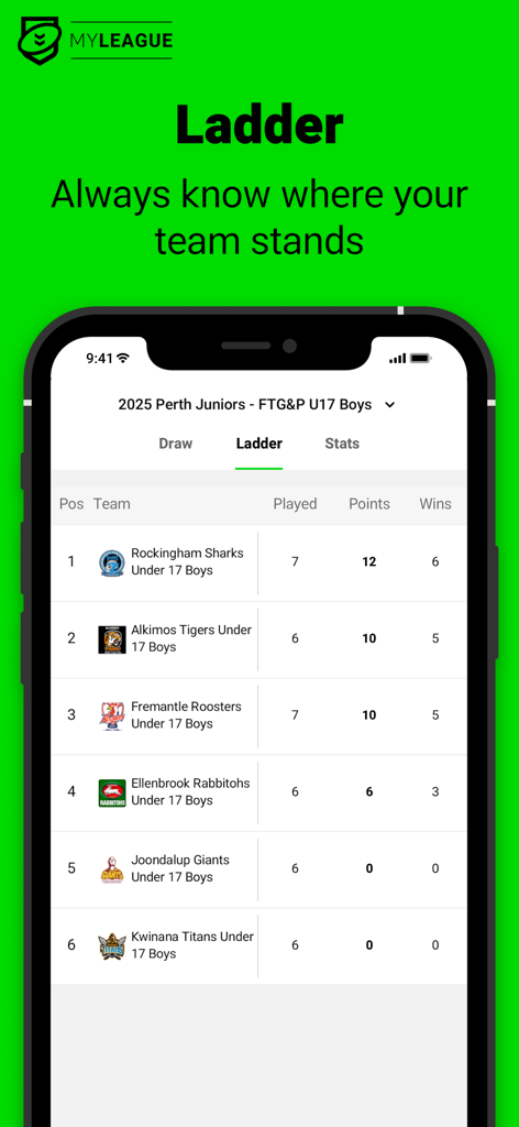 Interfaz de la aplicación MyLeague que muestra la clasificación del equipo de rugby league y las posiciones de la liga.