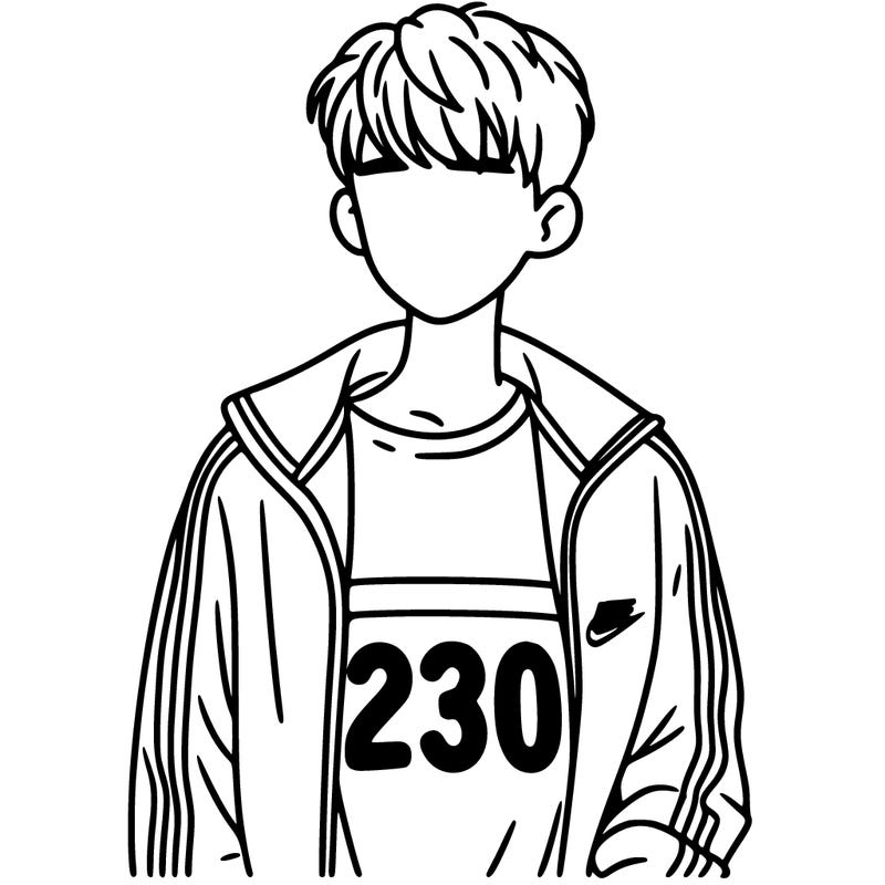 a person with a tracksuit and boy hair with the number 230 on the tracksuit
