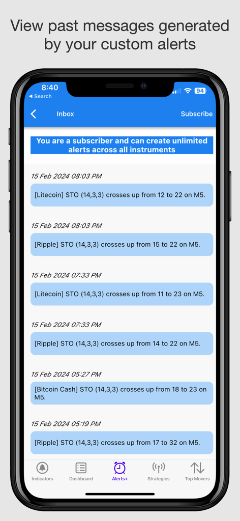 Tela de aplicativo móvel mostrando uma lista de alertas de trading anteriores para indicadores de criptomoedas
