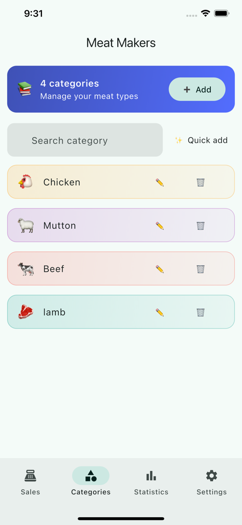 Meet Makkers - Meat Makers app screen showing meat inventory categories including chicken mutton beef and lamb