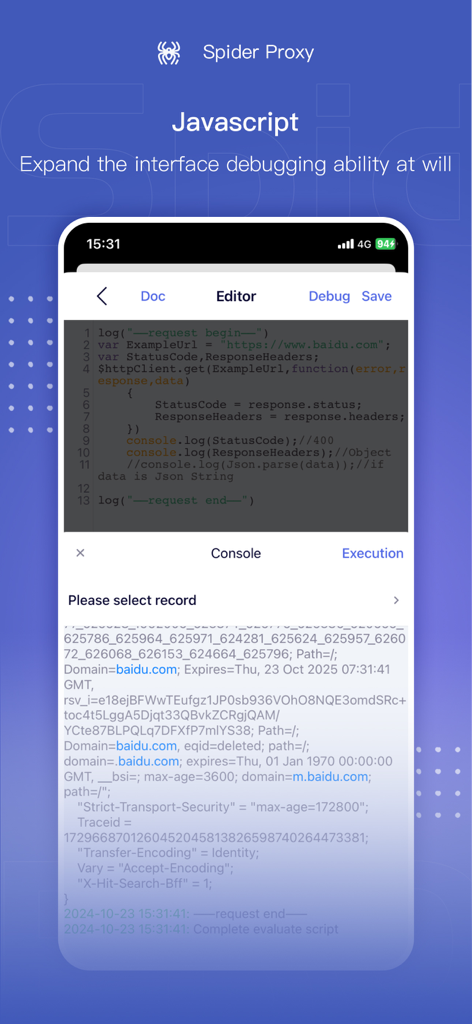 Spider Proxy - HTTP(S) Catcher - 사용자 정의 모바일 네트워크 디버깅을 위한 JavaScript 코드 편집기와 콘솔을 보여주는 Spider Proxy 앱 인터페이스.