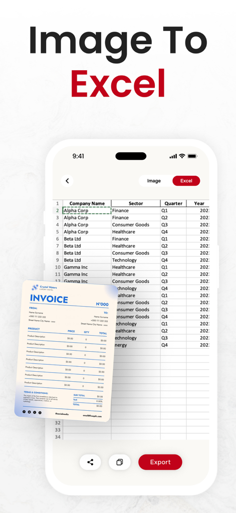 A smartphone screen showing the process of converting an image of an invoice into an Excel spreadsheet.