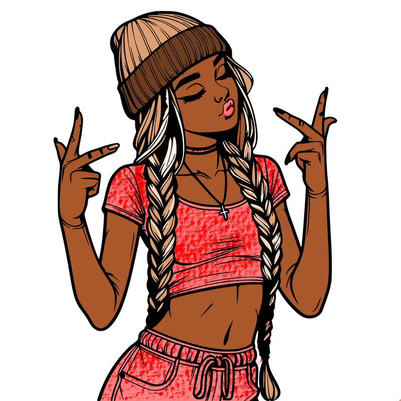 realistic teenage girl with braids and a beanie and crop top doing 🫶🏼