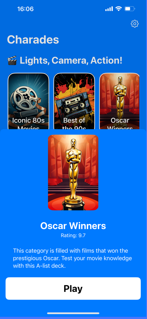 Charades Up - Guess The Word - Charades Up app screen displaying the Oscar Winners movie category selection with a play button