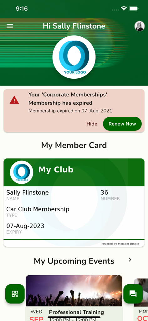 Member Jungle App-Dashboard mit einer digitalen Clubmitgliedskarte und einer Benachrichtigung zur Verlängerung.