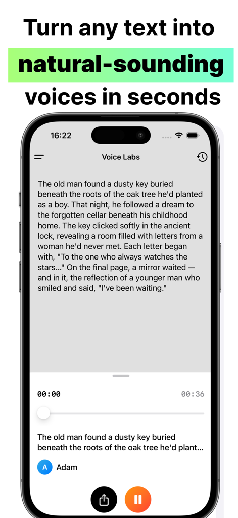 Voice Labs: AI Text To Speech - Ein Smartphone zeigt die Voice Labs App-Oberfläche, die ein Story-Skript in natürlich klingende KI-Sprache mit Wiedergabesteuerung umwandelt