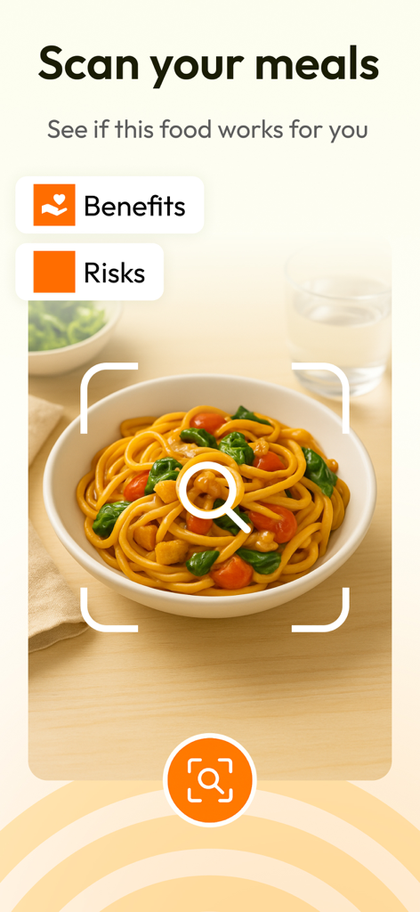 Meal Plan Identifier - Foojy - Captura de pantalla de la aplicación Foojy que muestra la función de escaneo de comidas con IA con un tazón de fideos siendo analizado por beneficios y riesgos para la salud.