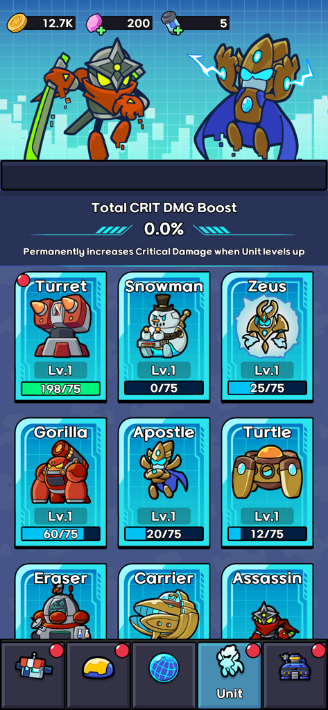 Bunker Defense: 100M Survival - Strategic unit selection and upgrade menu in Bunker Defense 100M Survival showing various characters and stats