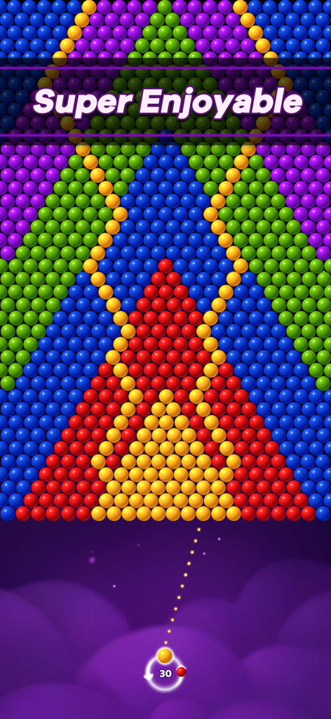 Colorful bubble shooter gameplay featuring a large pyramid of bubbles and aiming guide in the galaxy theme