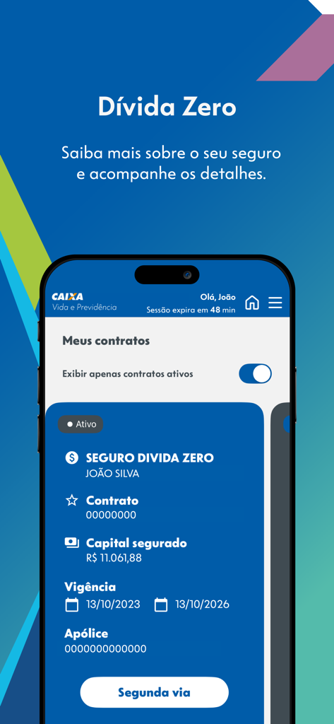 Caixa Vida e Previdência - Smartphone screen showing active insurance contract details in the Caixa Vida e Previdência app