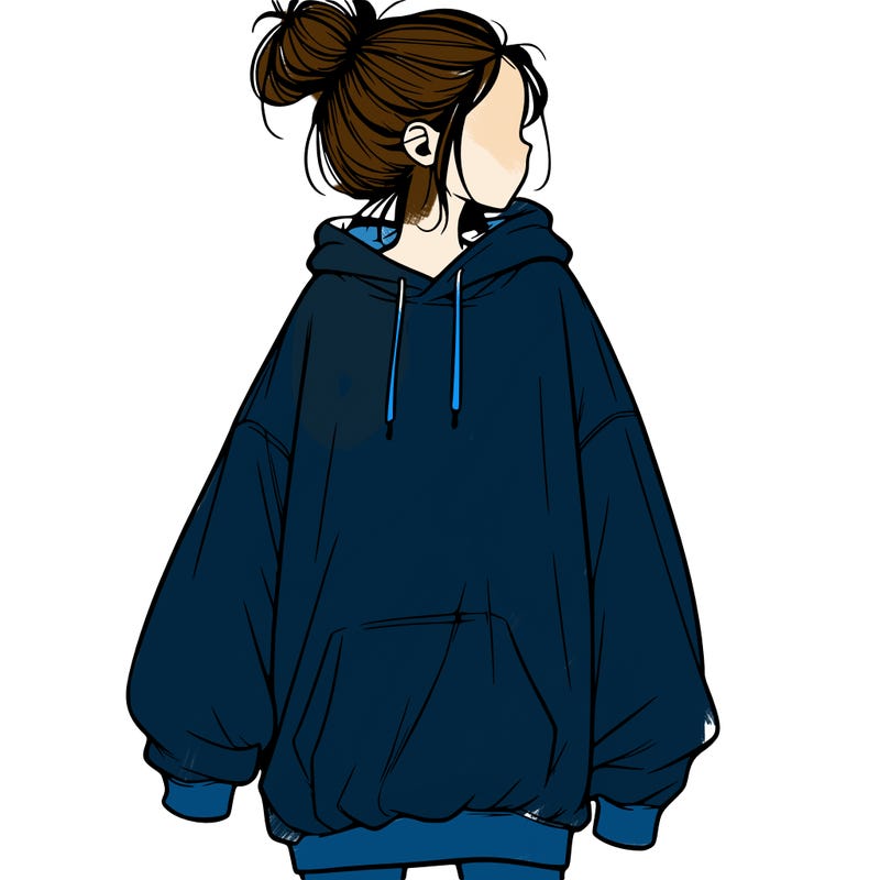 realistic girl with a oversized sweatshirt on and a bun