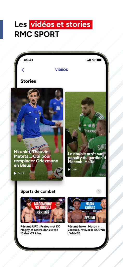 RMC Sport News app interface showing the videos and stories section with football and combat sports highlights