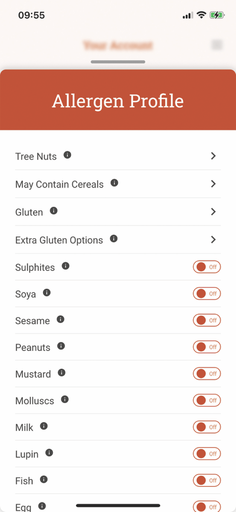 Coeliac UK - Screenshot of the Allergen Profile screen in the Coeliac UK app showing a list of allergens like gluten peanuts and milk with toggle switches