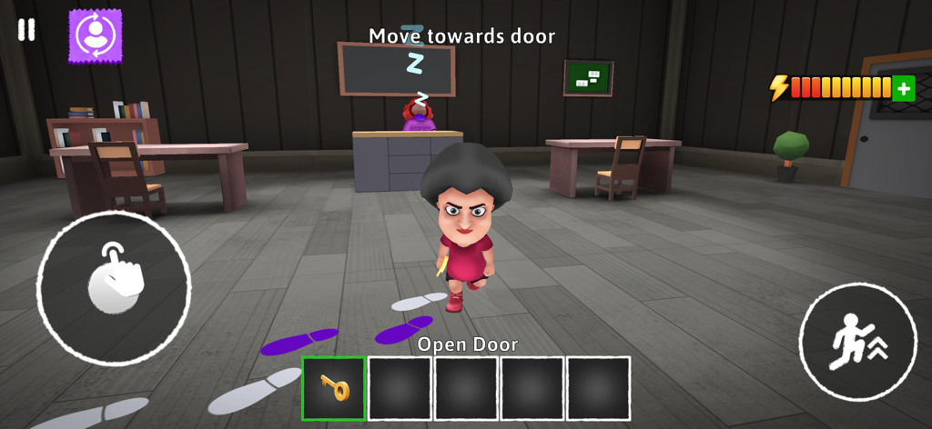 A young student character sneaks past a sleeping teacher in a classroom to reach the exit door.