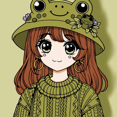 realistic girl wearing frog sweater and a frog hat with frog earrings