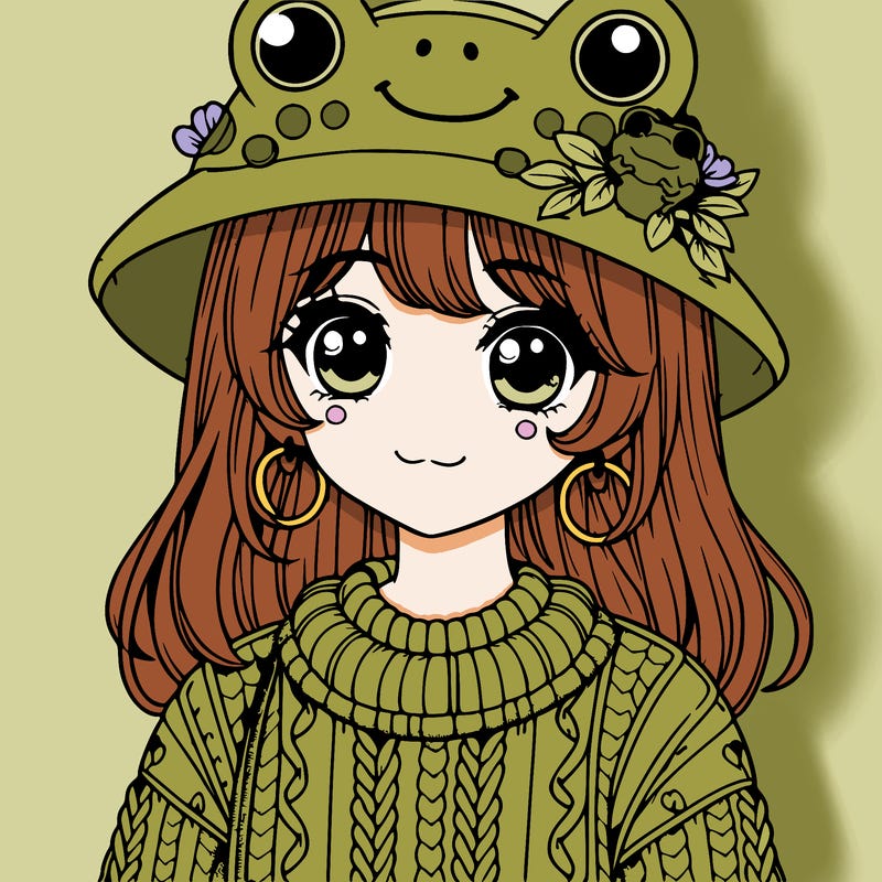 realistic girl wearing frog sweater and a frog hat with frog earrings