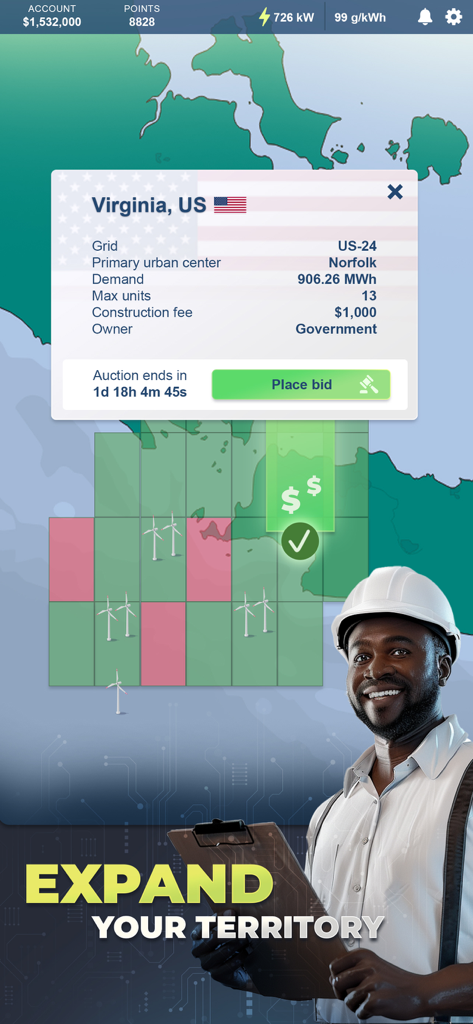 Energy Manager - 2025 - Energy Manager 2025 Spielbildschirm, der eine Gebotskarte für Virginia, USA, für Land zeigt, mit einem professionellen Arbeiter im Vordergrund