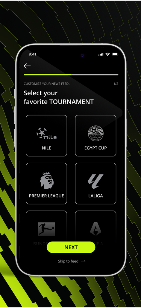 Mobile screen of the ON Sport app showing a list of soccer tournaments like Premier League and Egypt Cup for user selection.