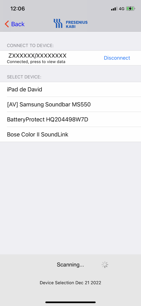 ConoxView - Bluetooth device selection screen for the ConoxView anesthesia monitor app