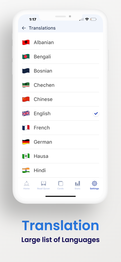 Retain Quran: Learn & Memorize - Lista de traducciones de idiomas disponibles para el Corán con banderas