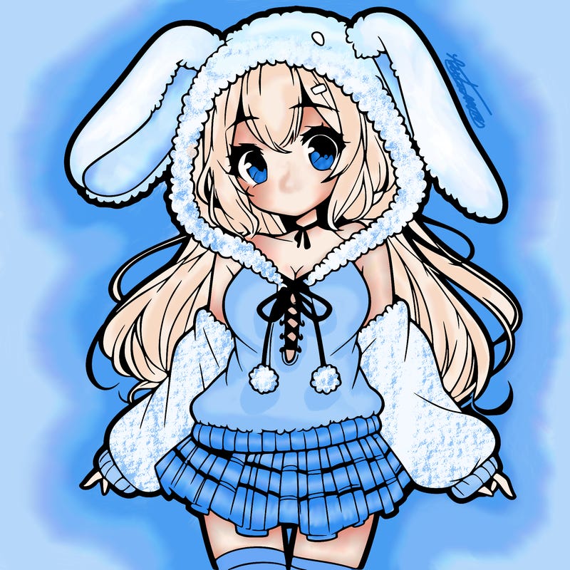 pretty anime girl wearing a fluffy hoodie with bunny ears on the hood and a skirt