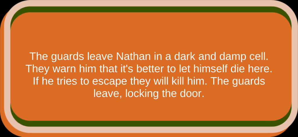Blind Quest 3 - A screenshot from Blind Quest 3 showing narrative text about the protagonist Nathan being locked in a dark cell by guards.